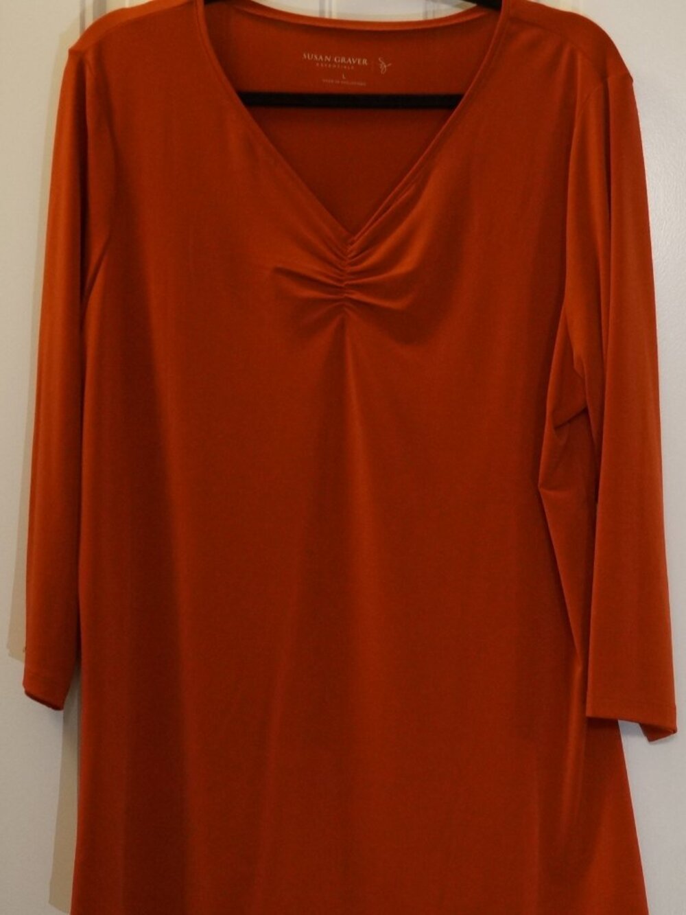 Susan Graver Liquid Knit 3/4 Sleeve V-Neck Tunic w/shirring Size Large